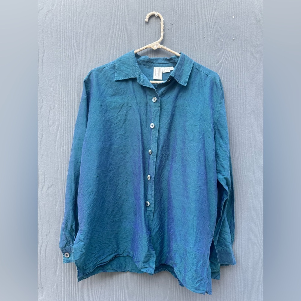 Vintage Clifford & Willis Teal Silk Long Sleeve Button Down Shirt Size LG